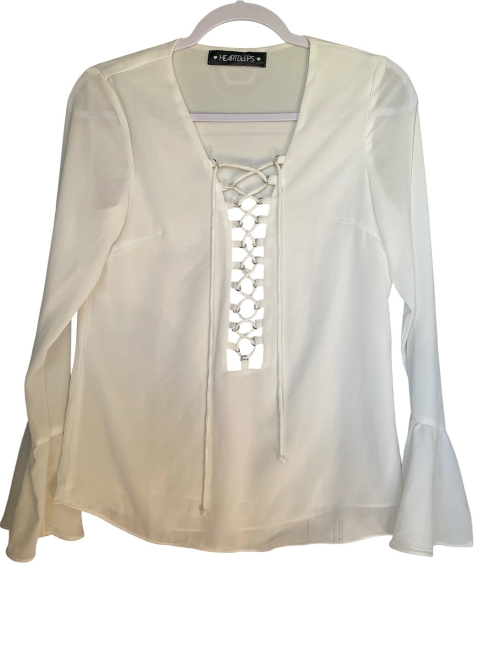 White Lace-Up V-Neck Blouse by